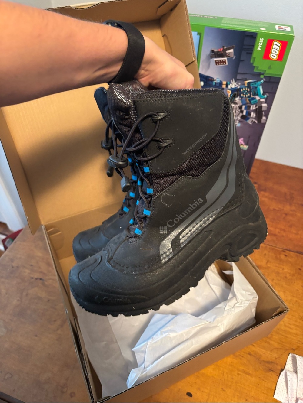 Columbia Black Winter Boots with Blue Lace Accents